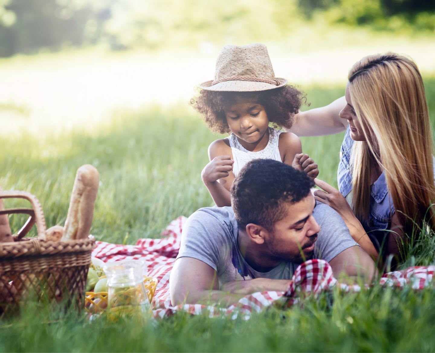 family relaxing on picnic blanket in the grass during summer break