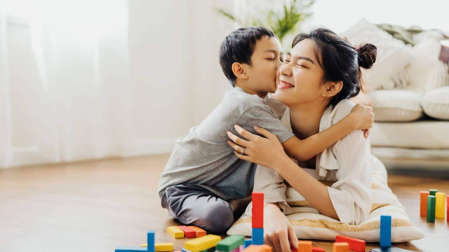 mom and kid with toys