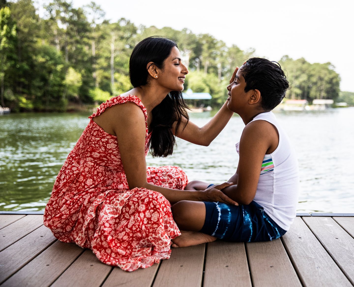 mom with son on dock