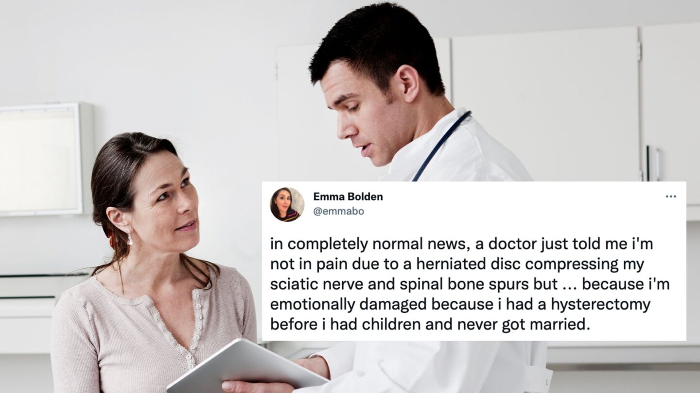 Woman visiting doctor with viral tweet overlay