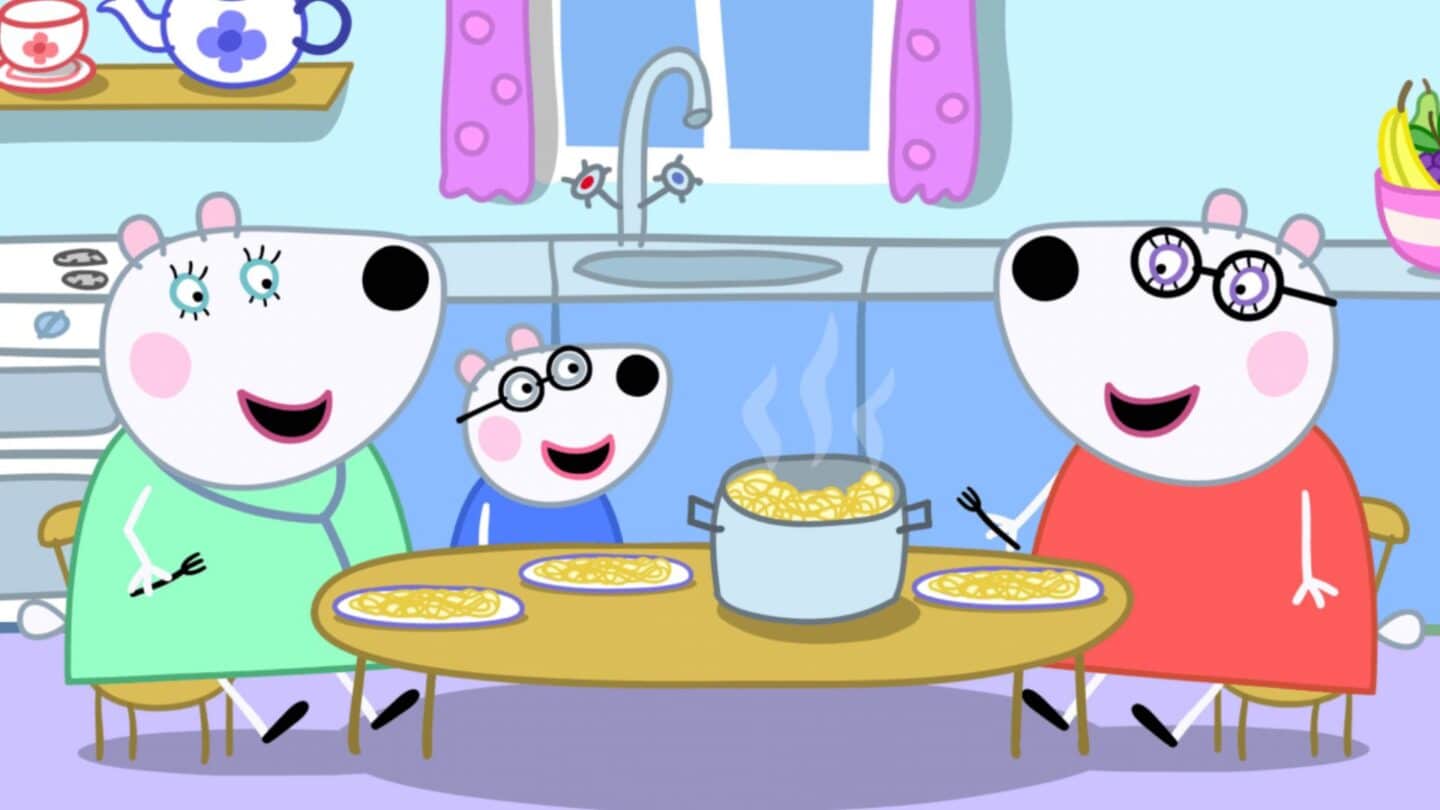 Peppa Pig same-sex polar bears around kitchen table