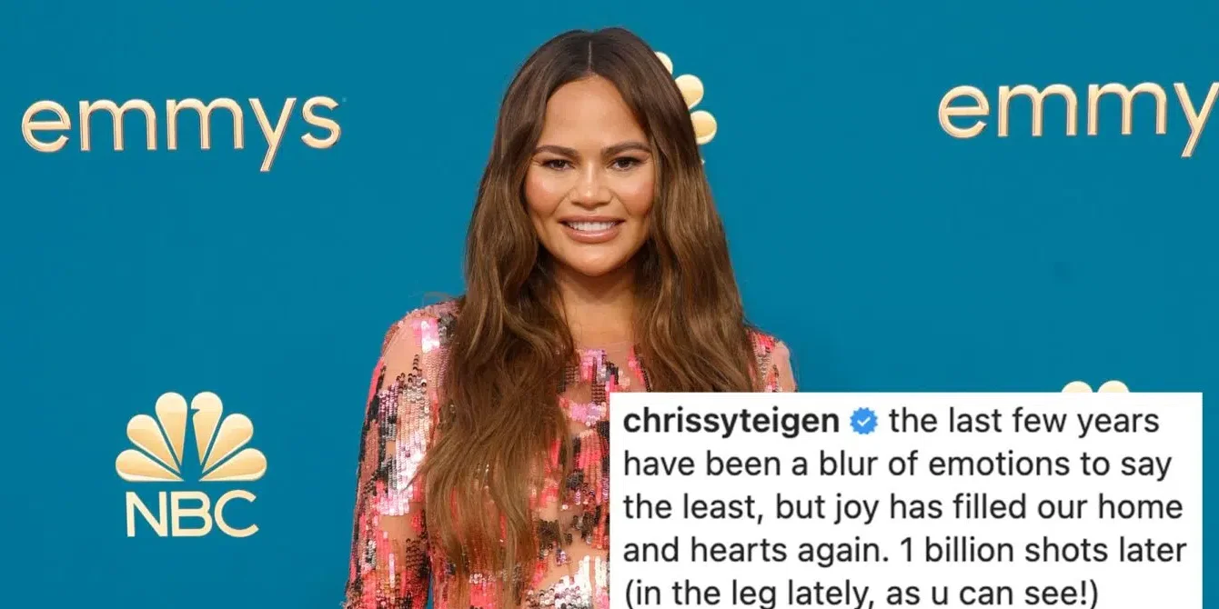 Chrissy Tiegen on the red carpet with her caption talking about ivf injection bruising