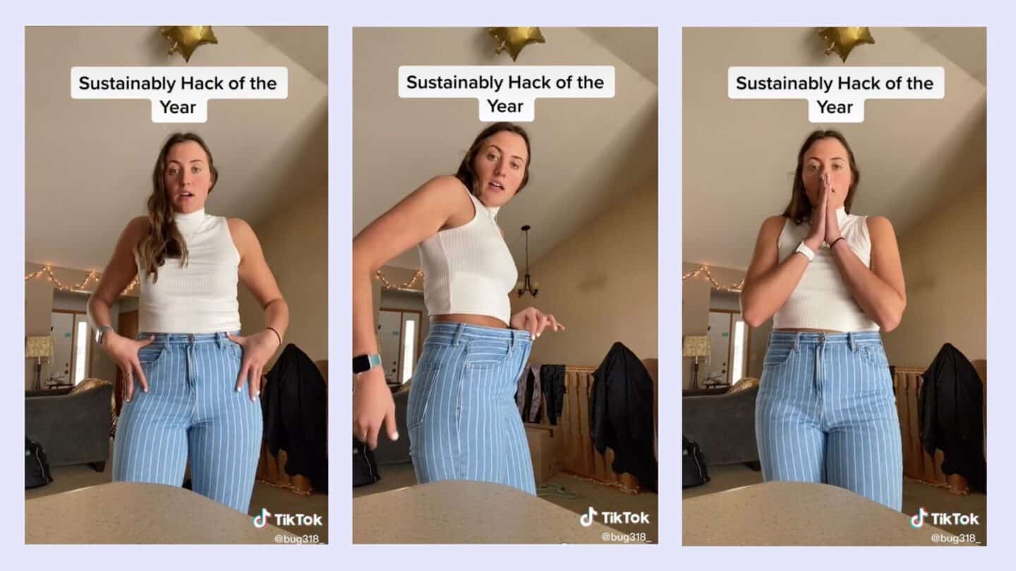 woman showing sustainable jeans hack on tiktok