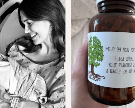 mandy moore holding new baby in hospital bed and placenta encapsulation pills at home