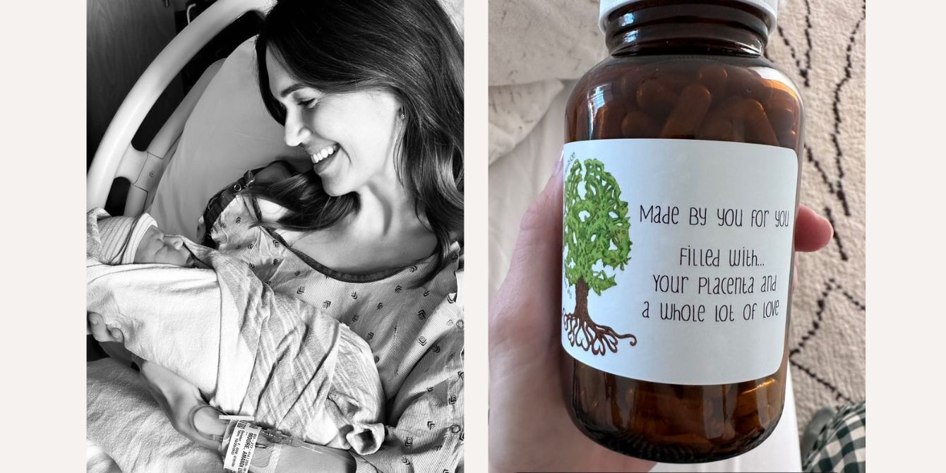 mandy moore holding new baby in hospital bed and placenta encapsulation pills at home