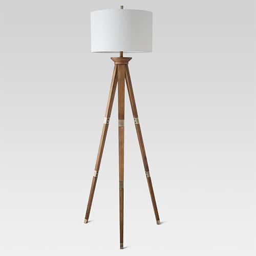 Oak Wood Tripod Floor Lamp Brass