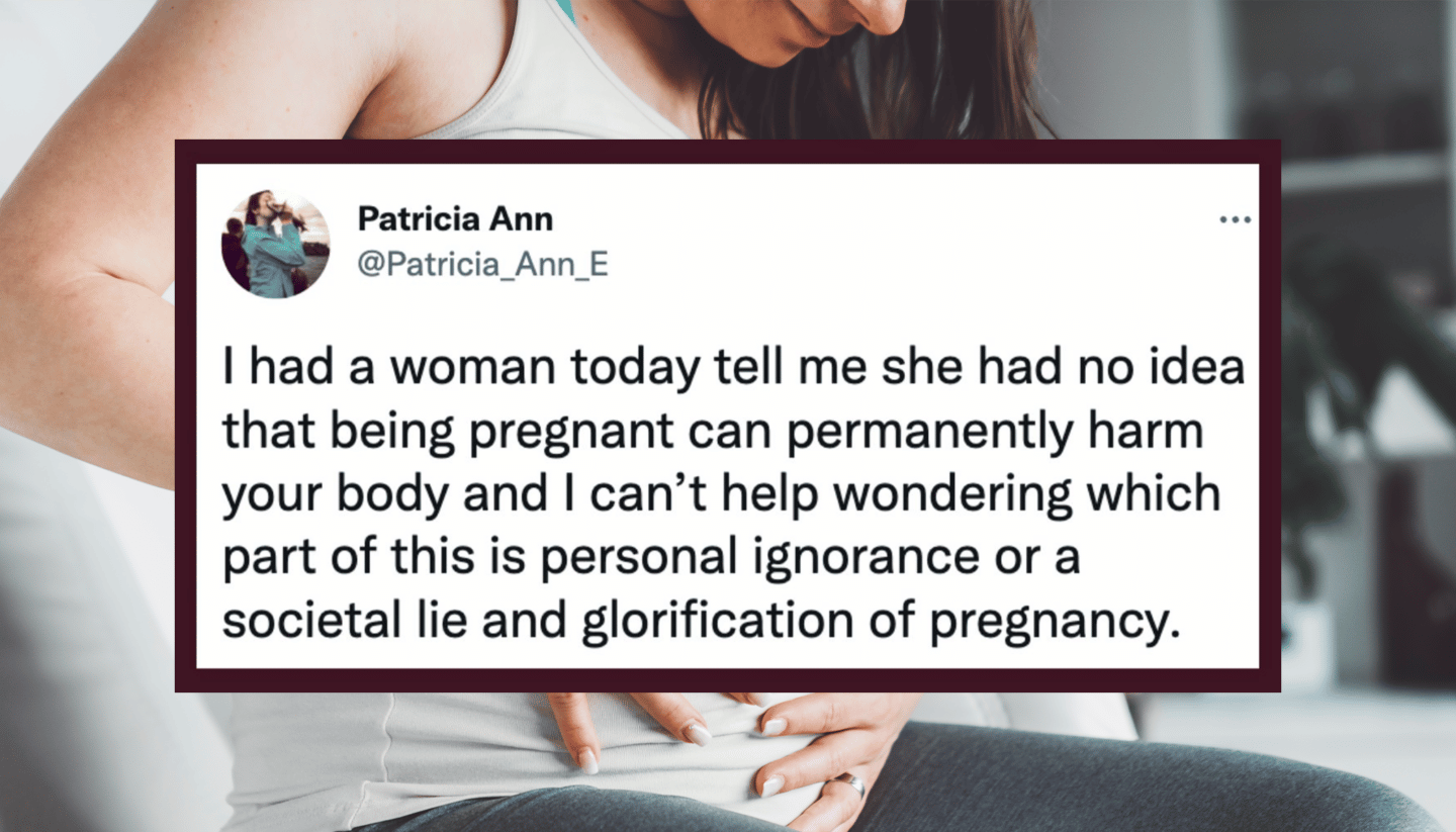 Viral tweet layed over a photo of a pregnant woman