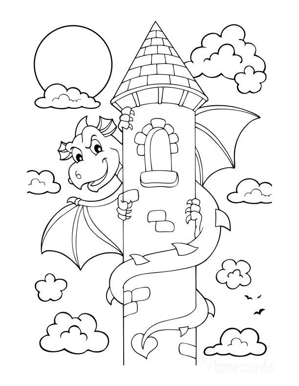 dragon coloring pages around castle tower Motherly