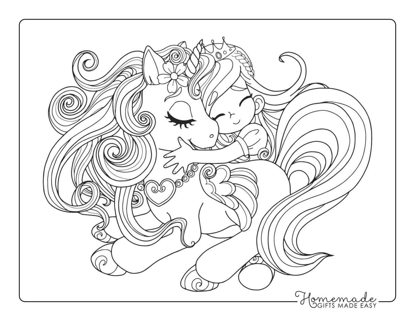 unicorn coloring pages girl hugging unicorn Motherly