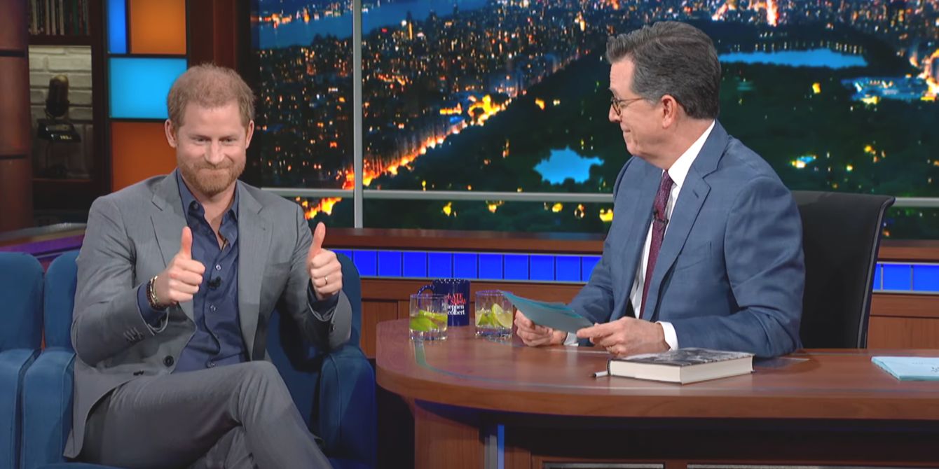 Prince Harry on Stephen Colbert late night show - prince harry watches the crown