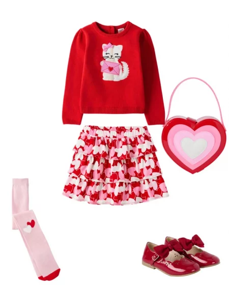 cat sweater with heart skirt Valentines Day outfit