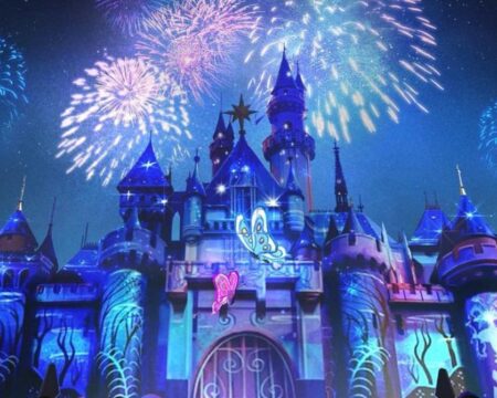 cinderella's castle at disneyland with fireworks- disney 100