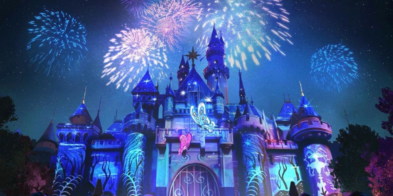 cinderella's castle at disneyland with fireworks- disney 100