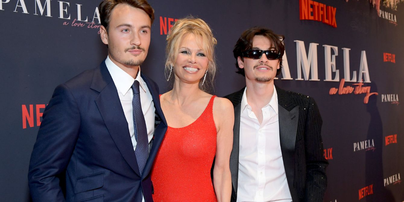 Pamela Anderson on the Netflix red carpet with her two sons