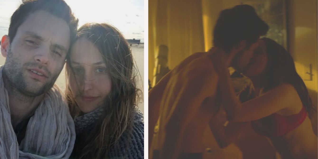 penn badgley and his wife and a still from netflix's you- penn badgley sex scenes