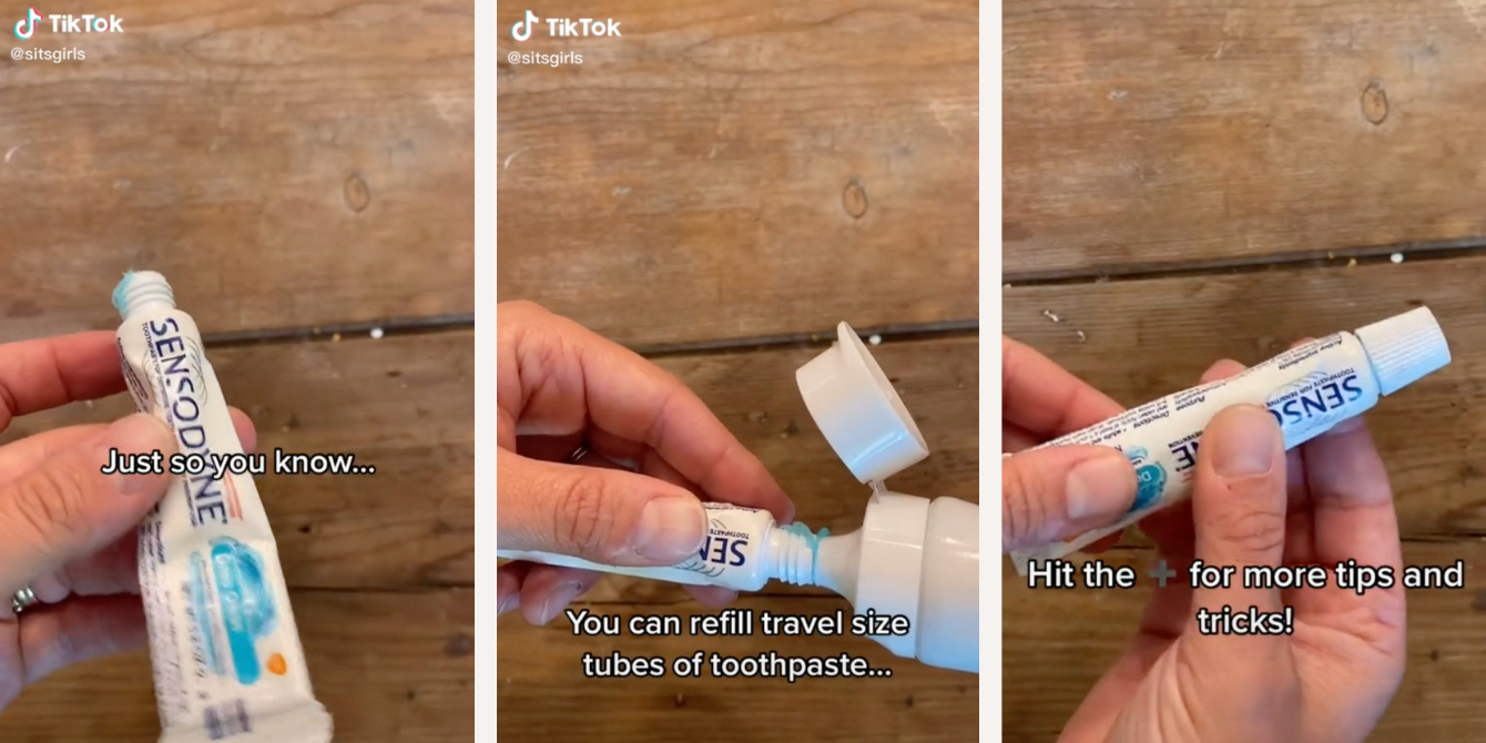 TikTok showing how to refill travel toothpaste hack