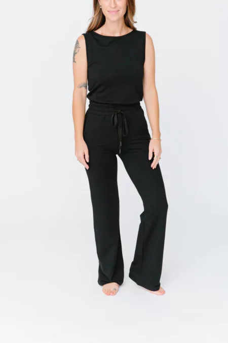 Women's Spring/Summer Ribbed V-Pile Neck Tie Low Back Casual Wide-Leg  Jumpsuit