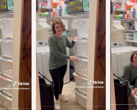 mom showing laundry room and baskets- laundry organization tips