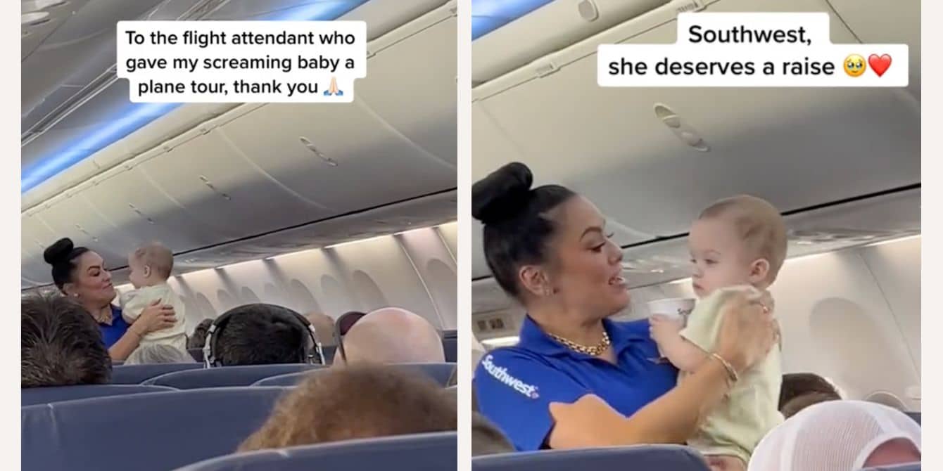 Southwest flight attendant soothes crying baby