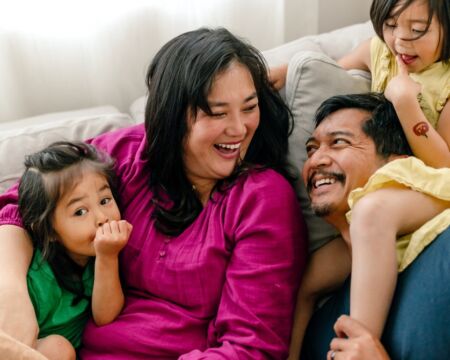 happy family on couch