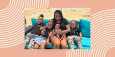 Birthday - a woman and children sitting on a blue couch