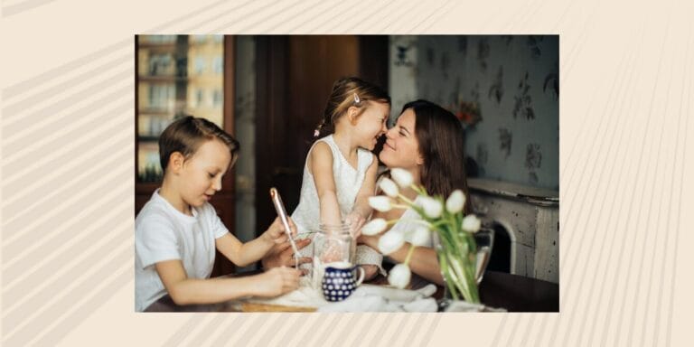 Mom baking with her two kids