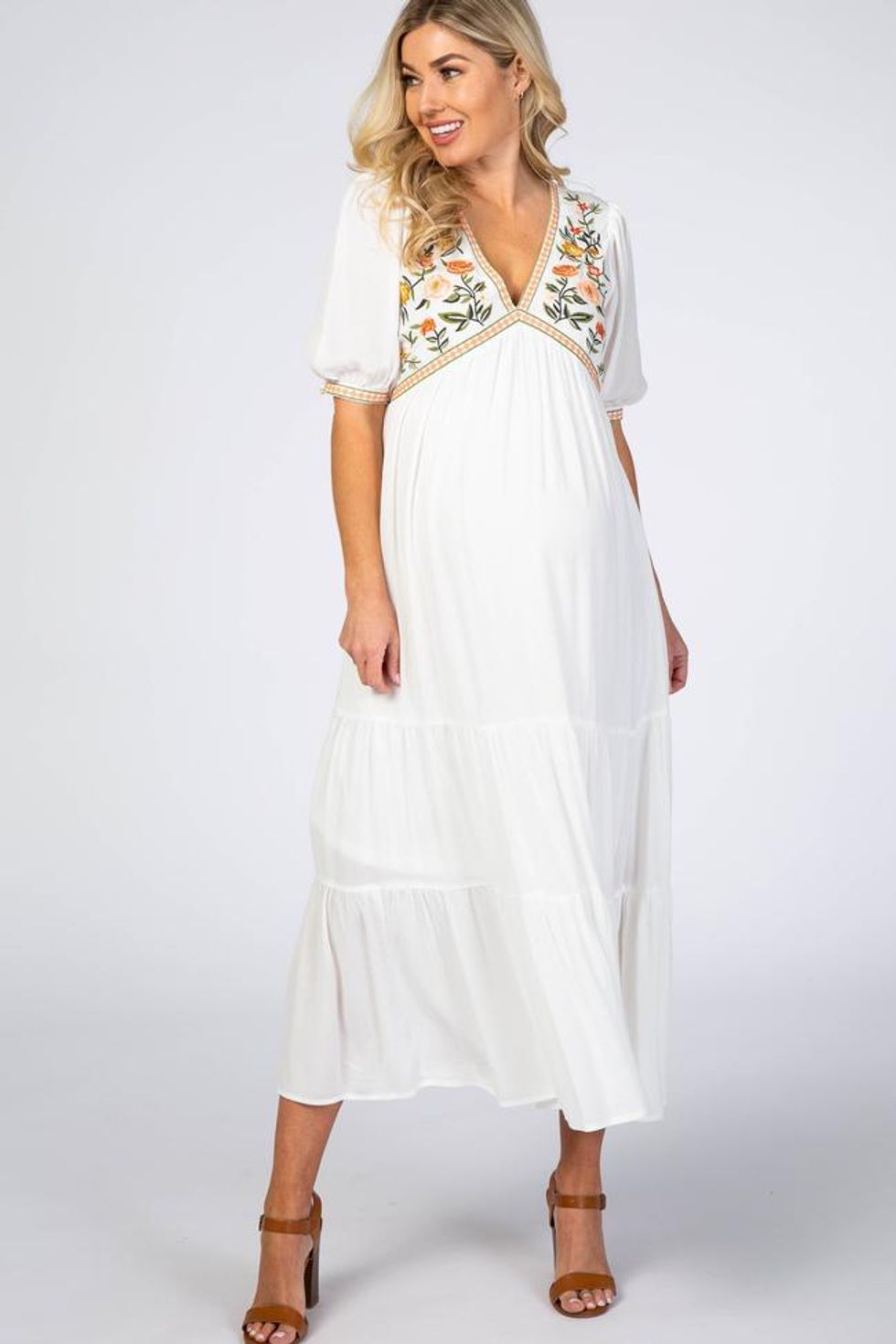 Ivory Floral Embroidered Maternity Midi Dress