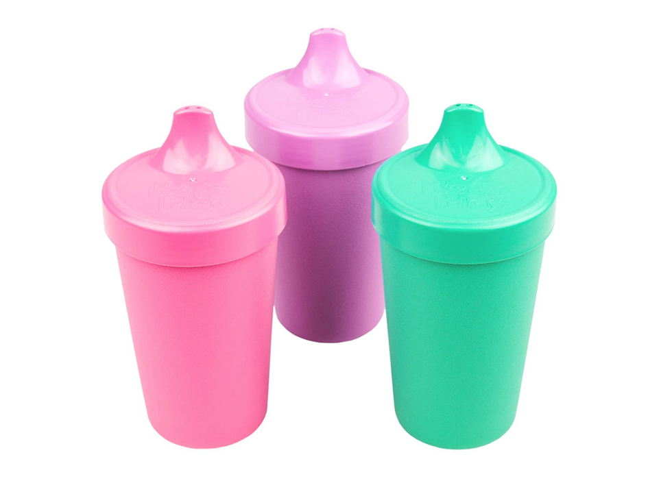Re-Play Made in The USA 3pk No Spill Sippy Cups for Baby, Toddler, and Child Feeding - Bright Pink, Purple, Aqua (Sparkle)