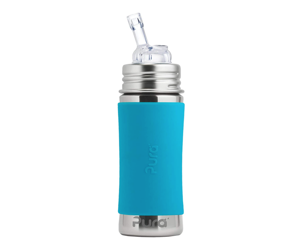 Pura Kiki 11 oz / 325 ml Stainless Steel Straw Bottle with Silicone Straw & Sleeve, Aqua