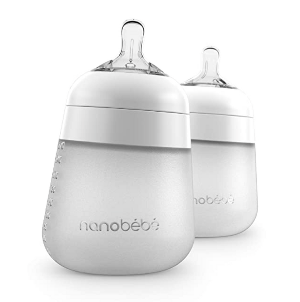 Nanobebe Flexy Silicone Baby Bottles, Anti-Colic, Natural Feel, Non-Collapsing Nipple,      Non-Tip Stable Base,Easy to Clean - 2-Pack, White, 9 oz