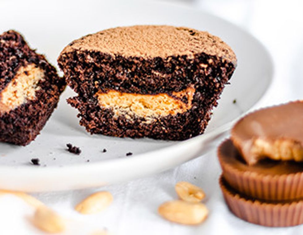 Peanut butter cup stuffed chocolate cupcakes