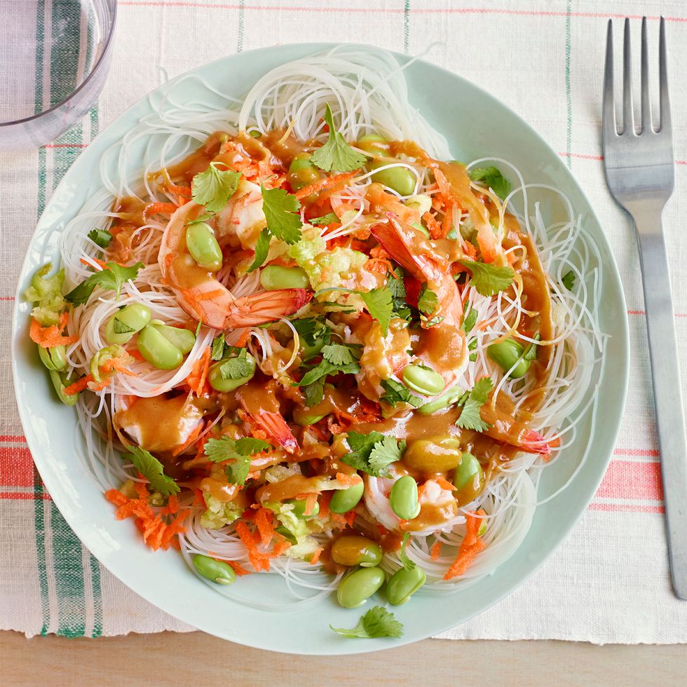 Shrimp noodle bowl with peanut-ginger sauce