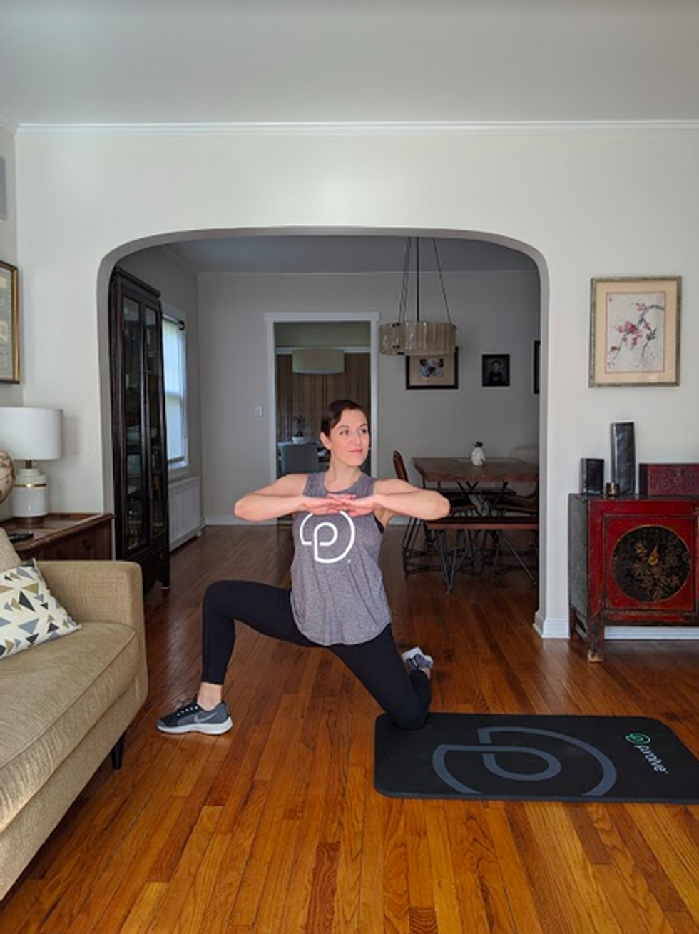 9 no-equipment exercises you can do anywhere Kneeling inner thigh stretch with rotation