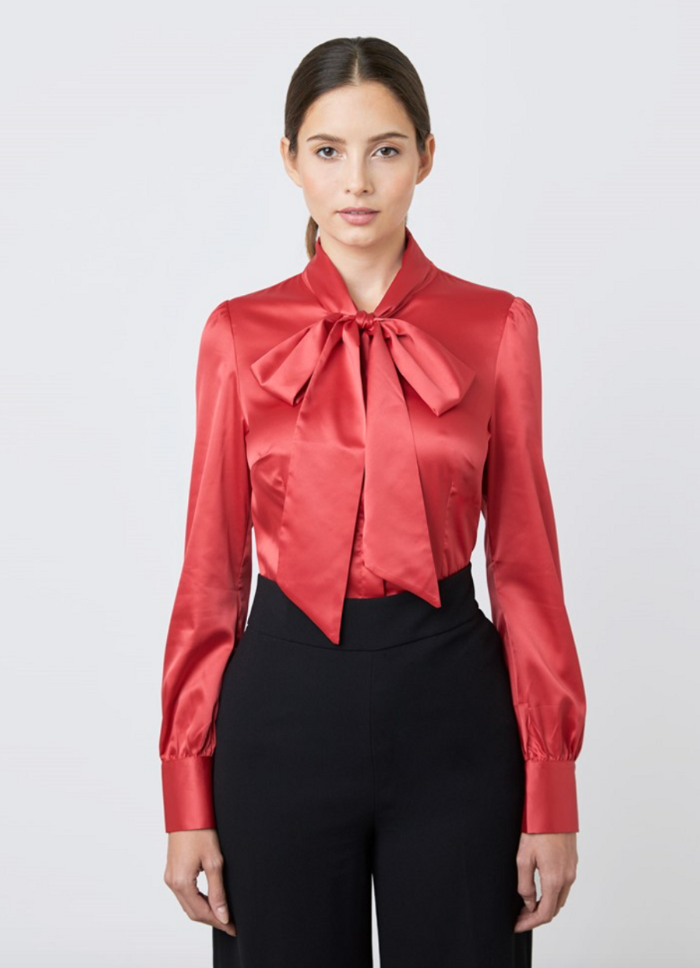 Women's Red Fitted Luxury Satin Blouse - Pussy Bow