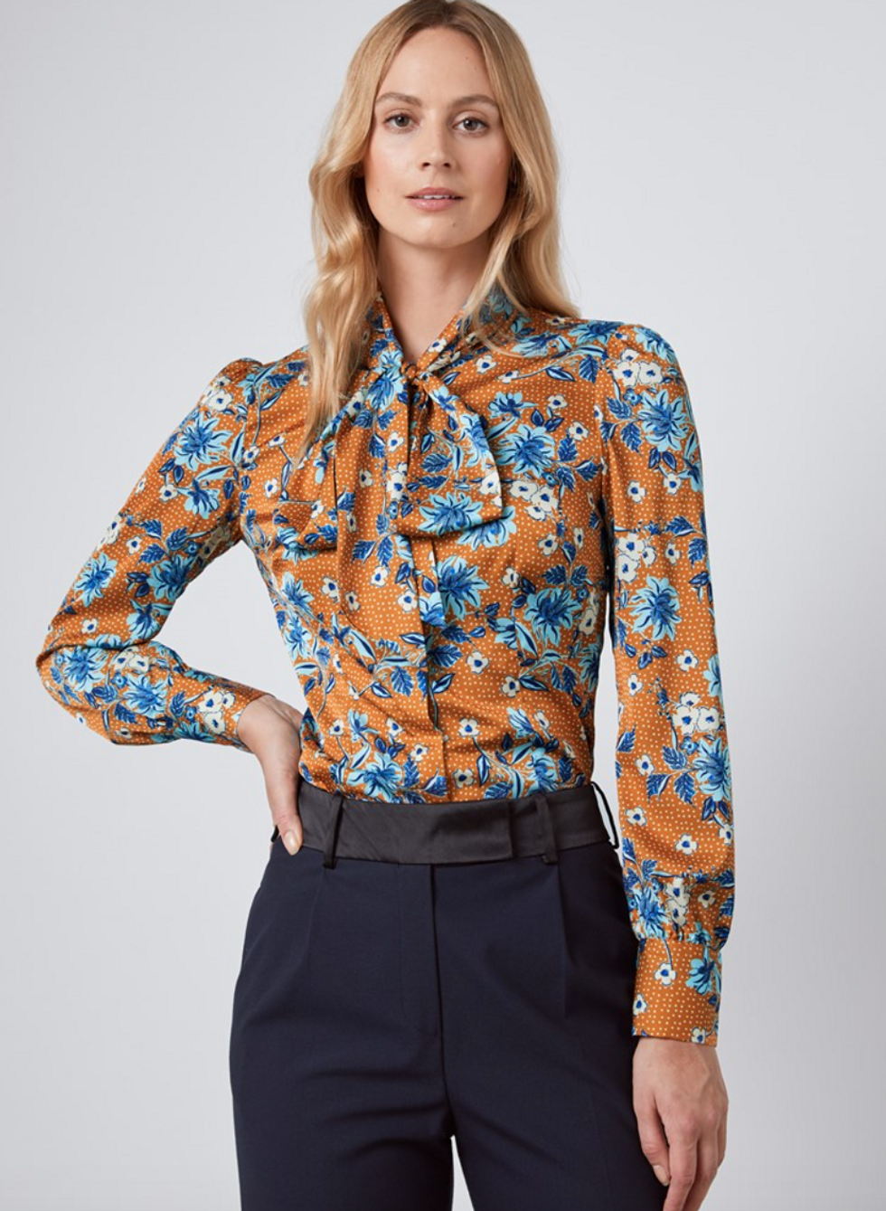 Women's Brown & Blue Floral Fitted Satin Blouse - Single Cuff - Pussy Bow