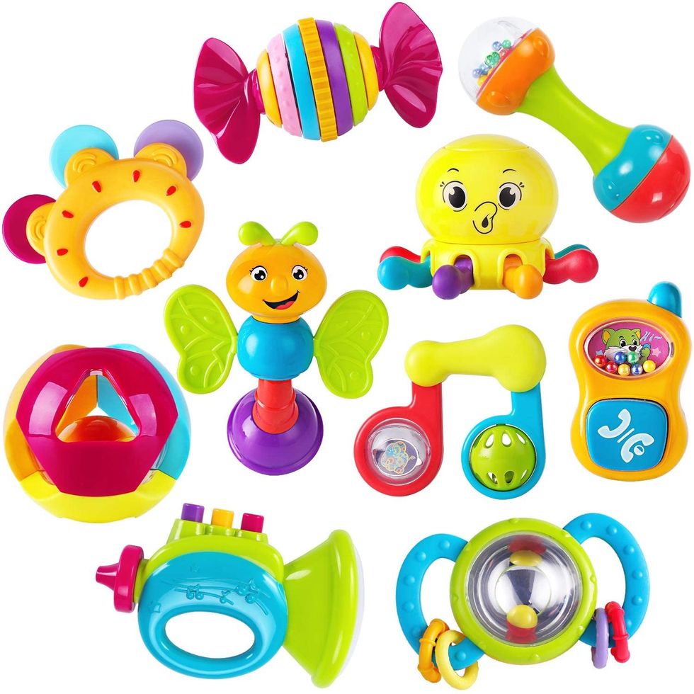  iPlay, iLearn 10pcs Baby Rattles Teether, Shaker, Grab and Spin Rattle, Musical Toy                     Set, Early Educational Toys for 3, 6, 9, 12 Month Baby Infant, Newborn